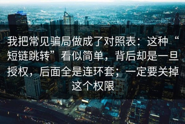 我把常见骗局做成了对照表：这种“短链跳转”看似简单，背后却是一旦授权，后面全是连环套；一定要关掉这个权限