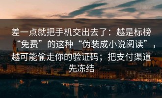 差一点就把手机交出去了：越是标榜“免费”的这种“伪装成小说阅读”，越可能偷走你的验证码；把支付渠道先冻结