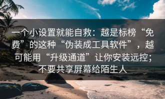 一个小设置就能自救：越是标榜“免费”的这种“伪装成工具软件”，越可能用“升级通道”让你安装远控；不要共享屏幕给陌生人