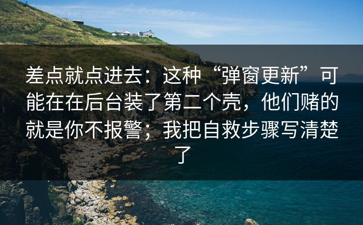差点就点进去：这种“弹窗更新”可能在在后台装了第二个壳，他们赌的就是你不报警；我把自救步骤写清楚了